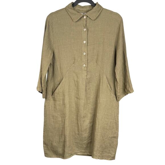 NWT ELENA BALDI M 100% Linen Olive Tunic Dress Minimalist Lagenlook 3/4 Roll-Tab - Picture 1 of 9